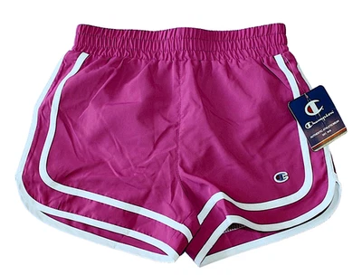 GIRLS CHAMPION SHORTS SZ SMALL/8  VARSITY/PINK RASPBERRY DELIGHT BUILT IN BRIEF - Image 1 of 2