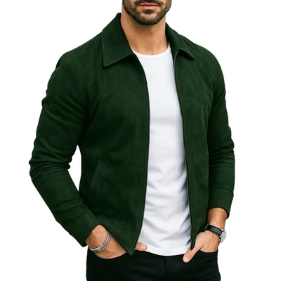 Men's Suede Leather Jacket Biker green Casual Real Sheepskin Suede Shirt Jacket - Image 1 of 4