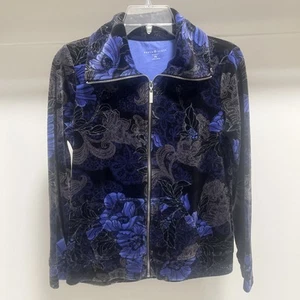 Karen Scott Velour Jacket Women Size PS Periwinkle Black Floral Full Zip - Picture 1 of 8