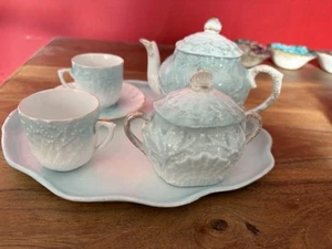 Antique 1930s Bone China Tea-for-One Service Pale Blue & White Seaweed & Shell - Picture 1 of 24