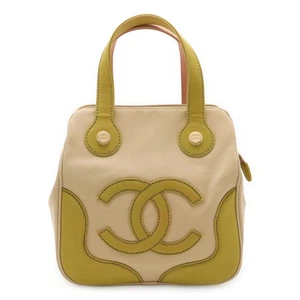 CHANEL Marshmallow Coco Mark Canvas Tote Bag Beige Green Pink Gold Used - Picture 1 of 9