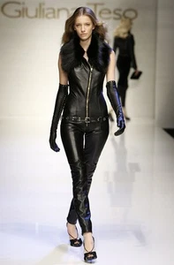 Giuliana Teso Black Leather Fox Fur Runway Catsuit Jumpsuit - Sz 40 US 2 - 4 - Picture 1 of 9