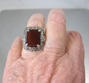 Art Deco Sterling Silver Carnelian Marcasite Ring Size 6 - Picture 1 of 8