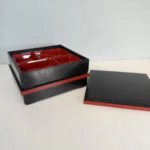 Japanese Bento Boxes Lot of 2 Lacquer 5 Compartments 9.5”x9.5”x2.5” Faux Wood - Picture 1 of 10
