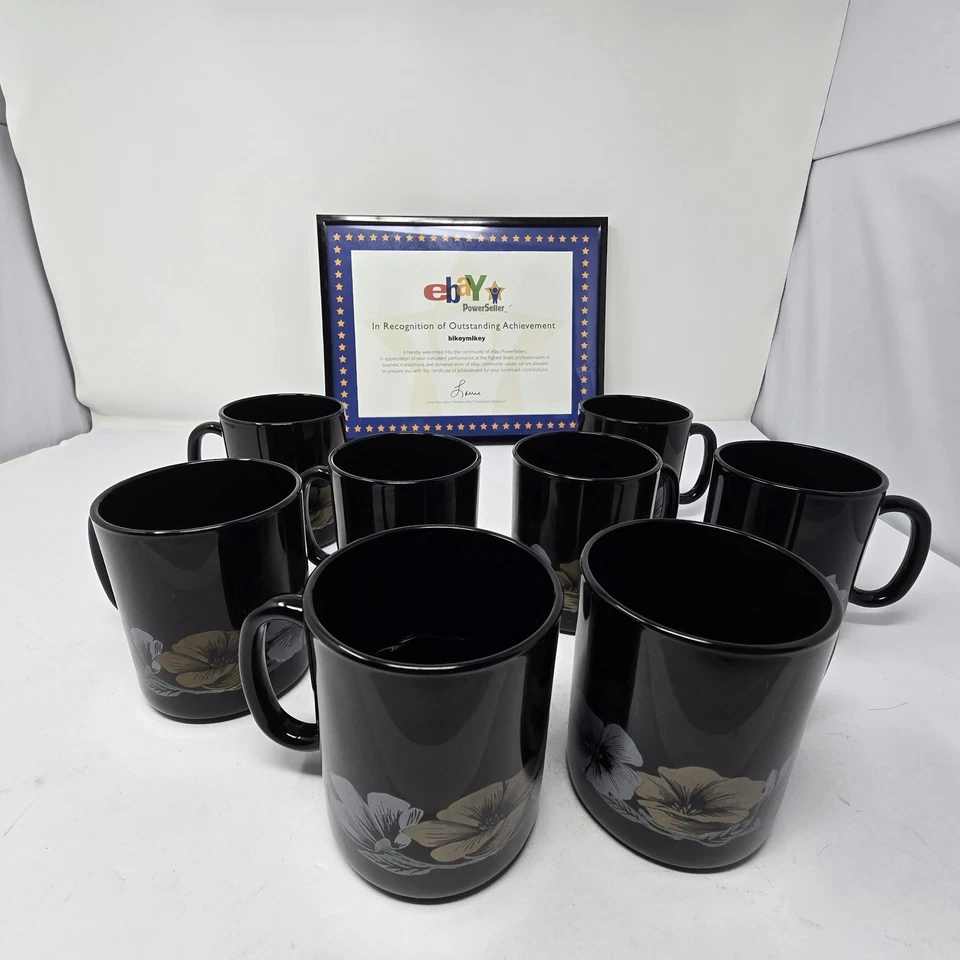 Juego De Colección 8 Tazas De Café Luminarc Arcoroc Julie Vidrio Negro Francia Tazas Florales Foto 1 de 4