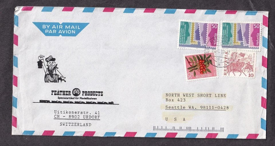 Switzerland Jan 1989 train cunductor ad cover Feather products Urdorf to USA - Image 1 of 1