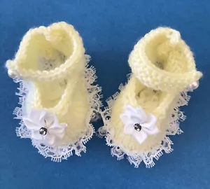 Beautiful Hand Knitted Baby Booties Lace Girl Newborn To 3 Months Gift Shower - Picture 1 of 1