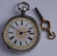 Beautiful antique solid silver fob pocket watch with fancy gilt dial. Working