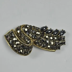 Big Beautiful Vintage Weiss Smokey Gray Rhinestone Ribbon Brooch Pin - Picture 1 of 7