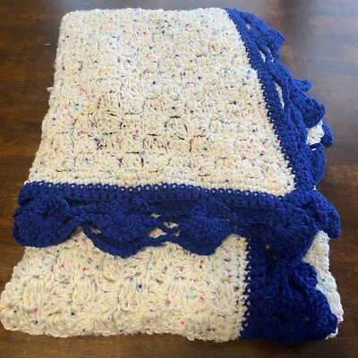 Handmade Creme White with Blue Trim Crocheted Afghan Throw Blanket Approx 48x48 - Image 1 of 4