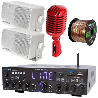 Pyle PDA4BU Bluetooth Stereo Receiver, 2x 3.5'' White Speakers, Retro Mic, Wire - Image 1 of 4