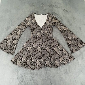 Urban Outfitters Ecote Faux Wrap Black Bell Sleeve Paisley Swing Mini Dress XS - Picture 1 of 7