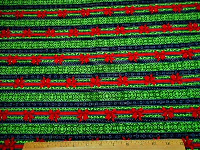Christmas Fabric By Yard Floral Red Bows Green Black Stripe Premium Cotton #16 C - Image 1 of 2