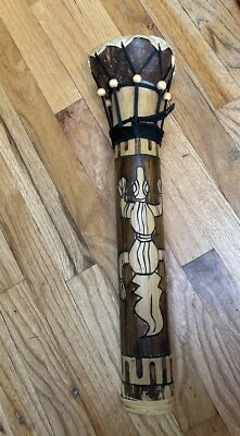 Vintage Tribal Djembe Drum -Carved Lizard Design -Tiki Coconut Bamboo 18" Tall - Image 1 of 4