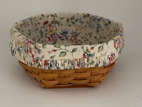 LONGABERGER Hexagon Basket 6 sided 9" w/ floral fabric & plastic liners 2001 Cover