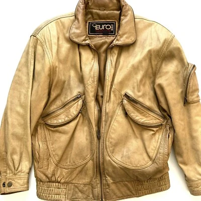 Euro Mond of California Leather Bomber Jacket Men's Size M Tan Color FLAWS - Image 1 of 4