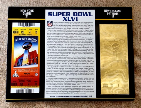 SUPER BOWL 42 New York Giants & Patriots 22KT Gold Tickets Willabee & Ward XLII Cover