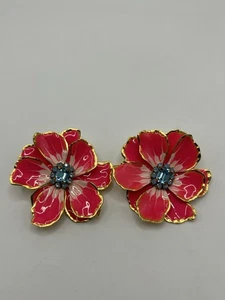 Pendientes Vintage Rosa Y Blanco Esmalte Flor Azul Estrás Tono Dorado - Imagen 1 de 6