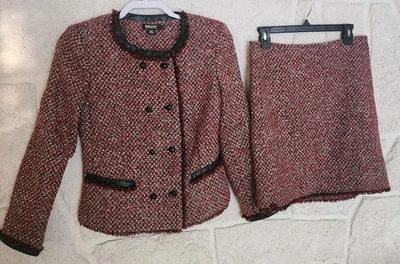 DKNY Tweed Blazer Falda Conjunto Mezcla Lana Mujer Talla 4 Rojo Blanco Negro Dorado Foto 1 de 4