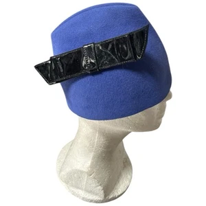 Vintage Patricia Underwood New York Blue Felt Cloche Bucket Hat Black Trim OS - Picture 1 of 8