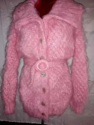 NWOT fuzzy mohair pink cardigan belted lattice knit mohair L handmade - Image 1 of 4