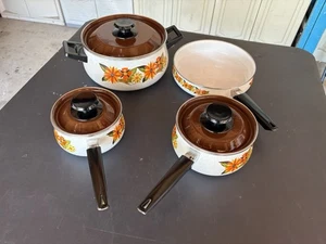 Vintage 1970s Retro Orange Flower Power 7 Piece Cookware Set EX-NM Cond. Taiwan - Picture 1 of 8