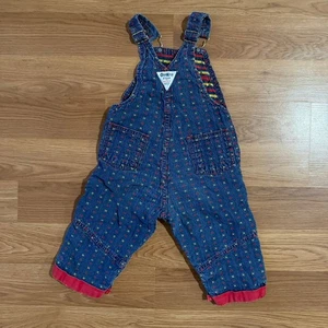 Vintage OshKosh B'Gosh 3T Denim Overalls X O Red Yellow Blue Baby Toddler Retro - Picture 1 of 6