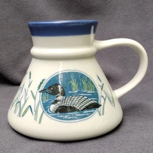 Vintage Otagiri Loon Vogel Ente Wildtiere Rohrkolben auslaufsicher Becher cremeweiß mit blauem Rand - Bild 1 von 9