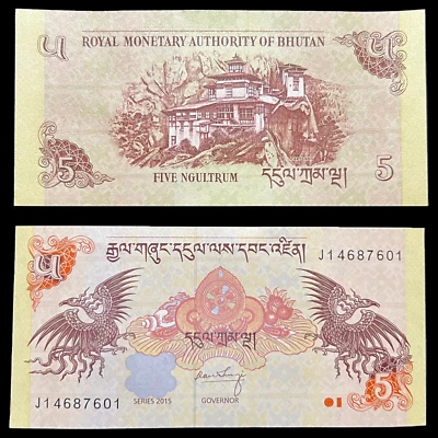 2x Billete de 5 Ngultrum de Bután sin circular Moneda Mundial Billete de papel moneda Foto 1 de 4