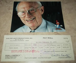 Walter Lantz signierter Scheck Woody Woodpecker Cartoonist, garantiert bestanden PSA!! - Bild 1 von 4