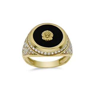 Lion Head Black Ring Real 14k Yellow Gold CZ Band Mens Size 10.75 - Picture 1 of 3