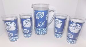 Mud Pie Blue & White Shell Pitcher with 4 Matching Drinking Cups (2009) Plastic