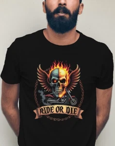 Ride or Die Skull Biker T-Shirt | Flaming Winged Skull, Motorcycle Graphic Tee - Picture 1 of 3