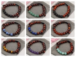 Natural Gemstone & Rosewood Healing Crystal Gemstone Chakra Cord Bracelet 8mm - Picture 1 of 21