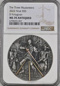 D'ARTAGNAN Die drei Musketiere 2 Oz Silbermünze 5$ 2022 Niue NGC 70 - Bild 1 von 5