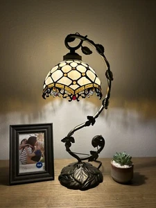 Tiffany Style Table Lamp Beige Stained Glass Crystal Bean LED Bulb 11”W*8”D*21”H - Picture 1 of 9