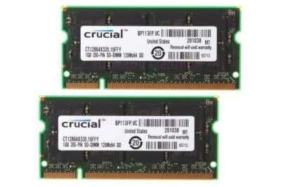 Crucial 2GB 2X 1GB DDR PC2700 DDR333MHz 200pin SODIMM Laptop Notebook Memory RAM - Image 1 of 4