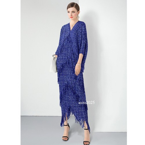 OFF WHITE Abito lungo donna nappa scollo a V manica a pipistrello scollo a V plissettato ampio oversize