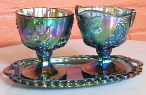 Indiana Colony Glass Blue Carnival Harvest Grape Sugar Bowl & Creamer & Tray Set - Picture 1 of 8