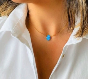 Opal Hamsa Necklace for Women Girl, Sterling Silver, Fatima Hand Blue Opal Hamsa - Picture 1 of 9