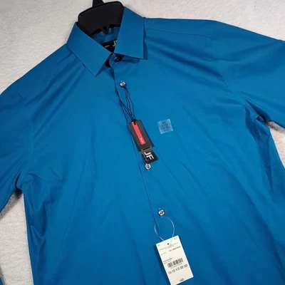 Camisa de vestir para hombre JF J. Ferrar talla mediana calce ajustado azul manga larga abotonada Foto 1 de 4