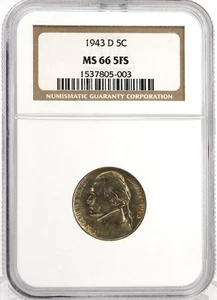 1943 D 5C Jefferson Nickel NGC MS66  5FS - Picture 1 of 8