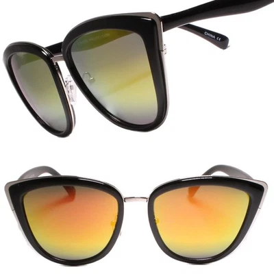 Diseñador Elegante Clásico Naranja Lente Espejada Mujeres Ojo de Gato Gafas de Sol Negras Foto 1 de 4