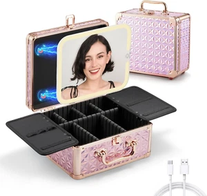 Travel Makeup Case with Lighted Mirror and Adjustable Brush Holder, Diamond Pink - Picture 1 of 12