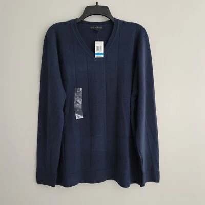 Men's VIA EUROPA Size XL Navy Blue Long Sleeve V-Neck Windowpane Sweater NWT  - Image 1 of 4