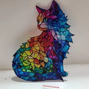 Multi-Color-Colorful Acrylic Longhair Cat 2 Sided Suncatcher, 7.8" x 6.3" Inch. - Picture 1 of 6