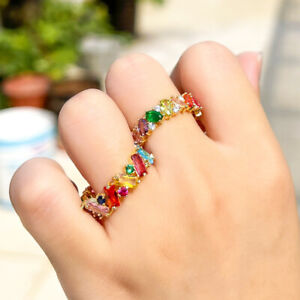 Multicolor Baguette CZ Yellow Gold Plated Rainbow Party Finger Ring Boho Jewelry