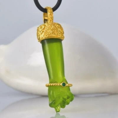 Gold Vermeil Sterling Mano Fico Figa Anhänger Geschnitzt Chalzedon Smaragd 10.93 - Bild 1 von 4