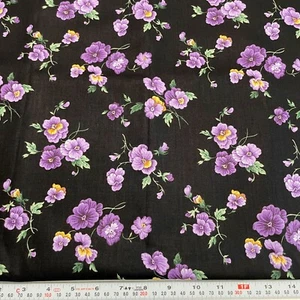Vintage Joan Messmore Cranston Purple Floral on Black Cotton Remnant 17" x 44" - Picture 1 of 2