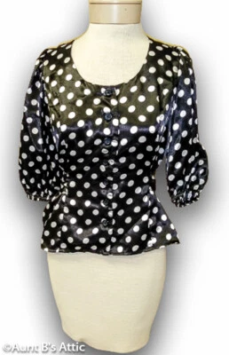 Blusa Vintage Años 80 Negro/Blanco Lunares Años 40 Look Manga Corta Abullonada Blusa S/M Foto 1 de 4